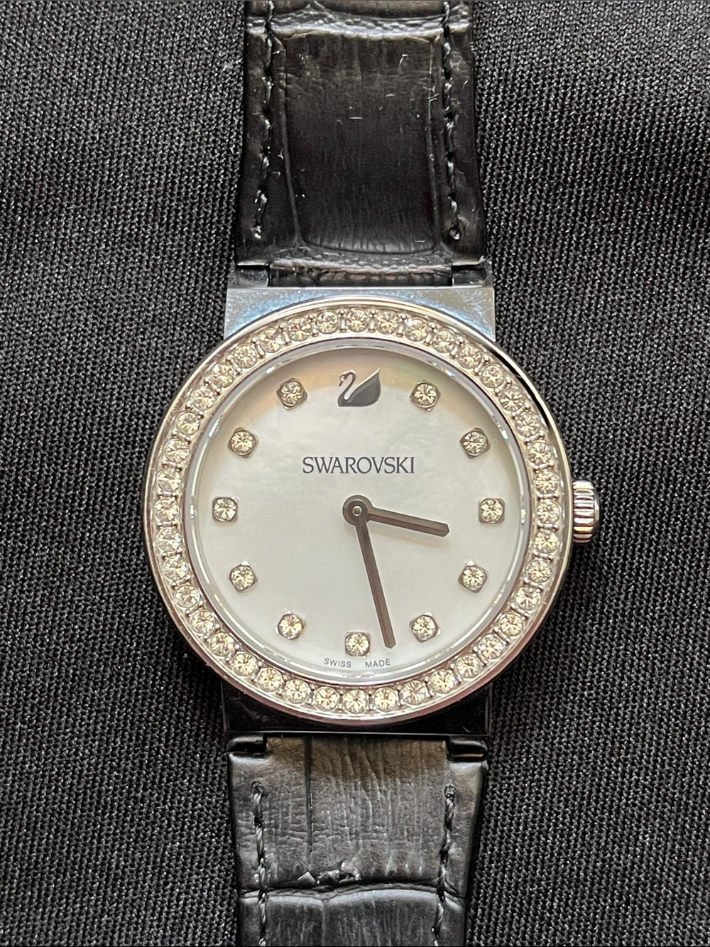 Swarovski Crystal Watch Black Leather Bracelet Jewelry Diamonds Classic Like New
